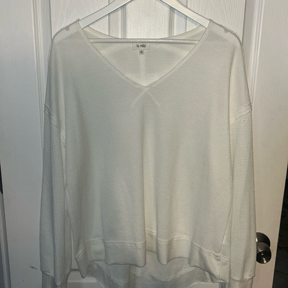 White Waffle Knit V-Neck sweater